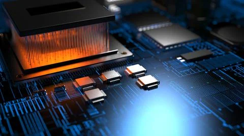Processor chip on a printed circuit board in red backlight. 3d illustration o Stock Photos