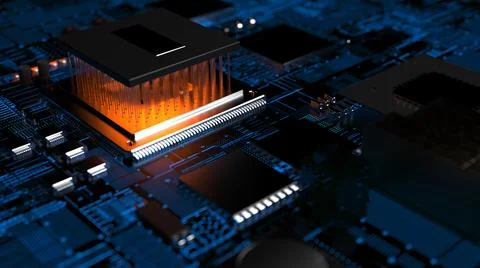 Processor chip on a printed circuit board in red backlight. 3d illustration o Stock Photos