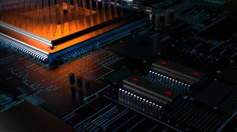 Processor chip on a printed circuit board in red backlight. 3d illustration o Stock Photos