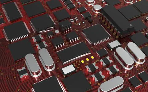 Processor chip on a printed circuit board in red backlight. 3d illustration o Stock Photos