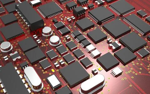 Processor chip on a printed circuit board in red backlight. 3d illustration o Stock Photos