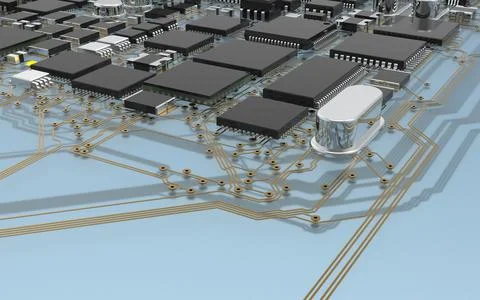 Processor chip on a printed circuit board in red backlight. 3d illustration o Stock Photos