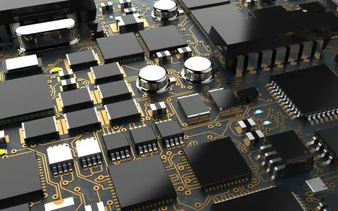 Processor chip on a printed circuit board in red backlight. 3d illustration o Stock Photos