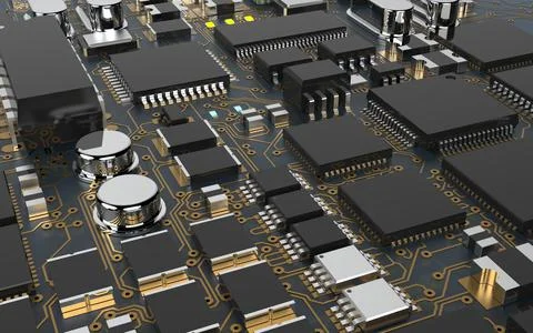 Processor chip on a printed circuit board in red backlight. 3d illustration o Stock Photos