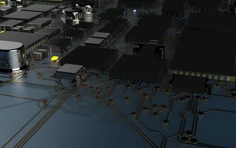 Processor chip on a printed circuit board in red backlight. 3d illustration o Stock Photos
