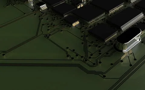 Processor chip on a printed circuit board in red backlight. 3d illustration o Stock Photos