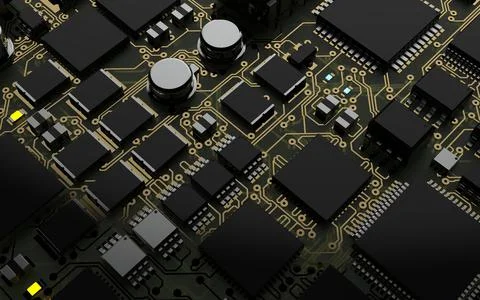 Processor chip on a printed circuit board in red backlight. 3d illustration o Stock Photos