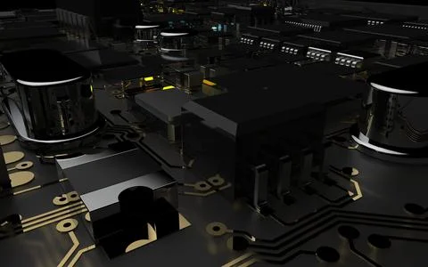 Processor chip on a printed circuit board in red backlight. 3d illustration o Stock Photos