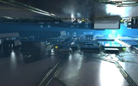 Processor chip on a printed circuit board in red backlight. 3d illustration o Stock Photos