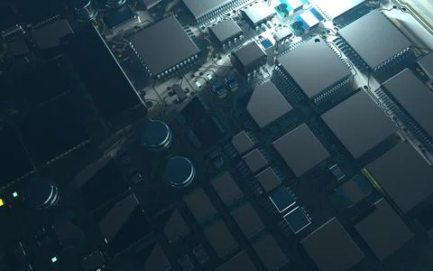 Processor chip on a printed circuit board in red backlight. 3d illustration o Stock Photos