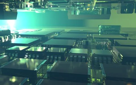 Processor chip on a printed circuit board in red backlight. 3d illustration o Stock Photos