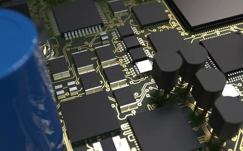 Processor chip on a printed circuit board in red backlight. 3d illustration o Stock Photos