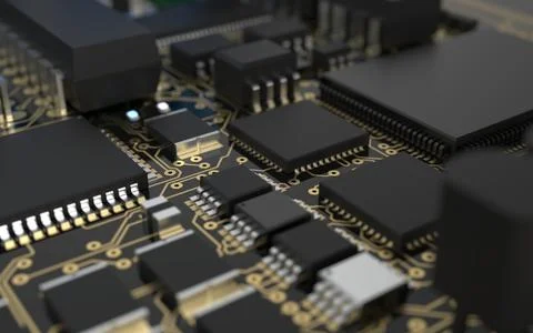 Processor chip on a printed circuit board in red backlight. 3d illustration o Stock Photos