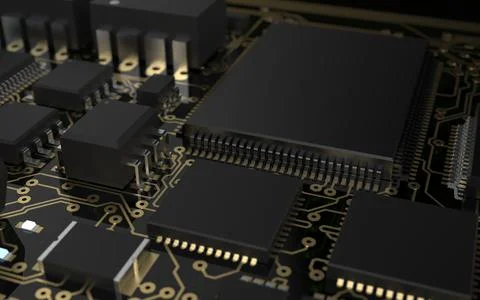 Processor chip on a printed circuit board in red backlight. 3d illustration o Stock Photos