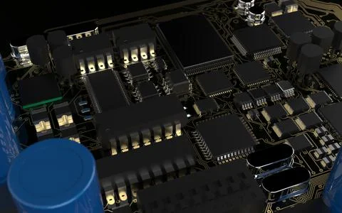 Processor chip on a printed circuit board in red backlight. 3d illustration o Stock Photos