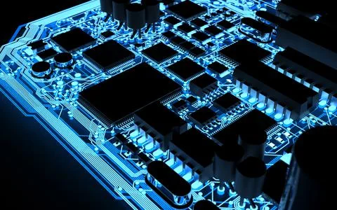 Processor chip on a printed circuit board in red backlight. 3d illustration o Stock Photos