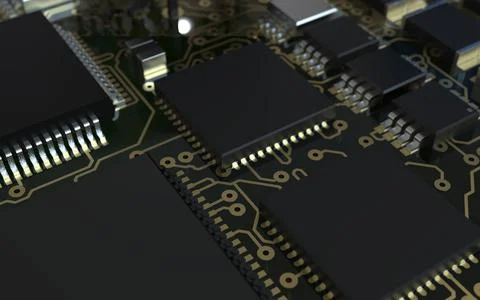 Processor chip on a printed circuit board in red backlight. 3d illustration o Stock Photos