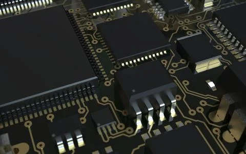 Processor chip on a printed circuit board in red backlight. 3d illustration o Stock Photos