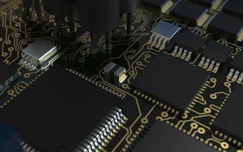 Processor chip on a printed circuit board in red backlight. 3d illustration o Stock Photos