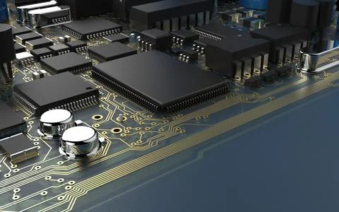 Processor chip on a printed circuit board in red backlight. 3d illustration o Stock Photos