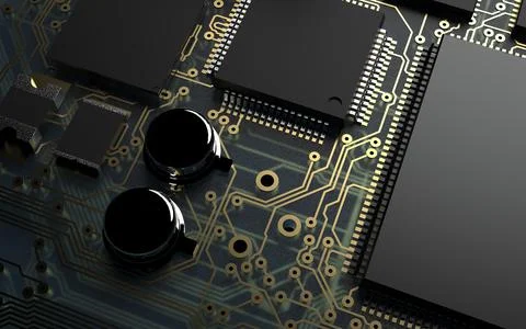 Processor chip on a printed circuit board in red backlight. 3d illustration o Stock Photos