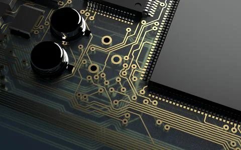 Processor chip on a printed circuit board in red backlight. 3d illustration o Stock Photos