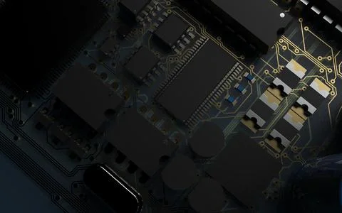 Processor chip on a printed circuit board in red backlight. 3d illustration o Stock Photos