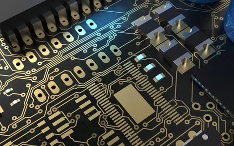 Processor chip on a printed circuit board in red backlight. 3d illustration o Stock Photos