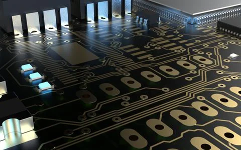 Processor chip on a printed circuit board in red backlight. 3d illustration o Stock Photos