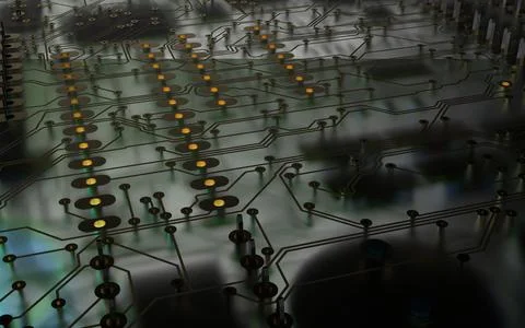 Processor chip on a printed circuit board in red backlight. 3d illustration o Stock Photos