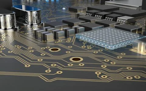 Processor chip on a printed circuit board in red backlight. 3d illustration o Stock Photos