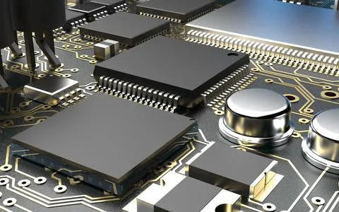 Processor chip on a printed circuit board in red backlight. 3d illustration o Stock Photos