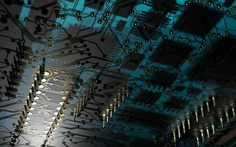 Processor chip on a printed circuit board in red backlight. 3d illustration o Stock Photos