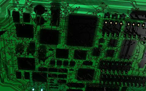 Processor chip on a printed circuit board in red backlight. 3d illustration o Stock Photos