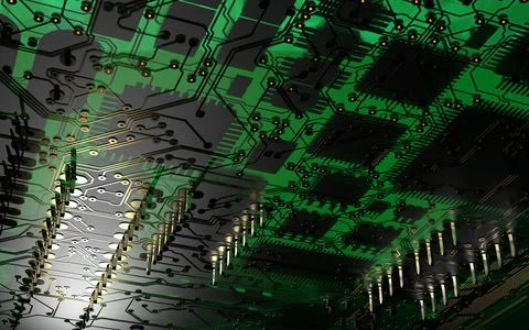 Processor chip on a printed circuit board in red backlight. 3d illustration o Stock Photos