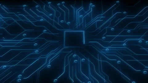 Processor circuit board tech visual cyan glowing traces, central chip shape Stock Footage 340479452