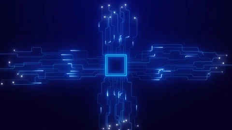 Processor circuit board visual with blue chip core, connected paths, white node Stock Footage 340553311