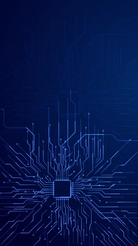Processor circuit copy space background bright blue traces, electronic chip Stock Footage 333862828