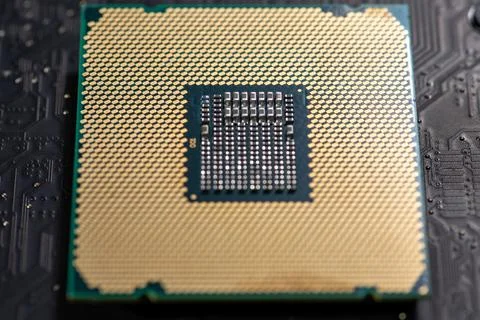 Processor on computer hardware. Circuit board in close-up background with p.. 写真素材