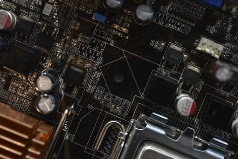 The processor of the computer on the motherboard. Electronic elements and a.. Foto stock