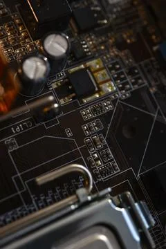 The processor of the computer on the motherboard. Electronic elements and a.. 스톡 사진