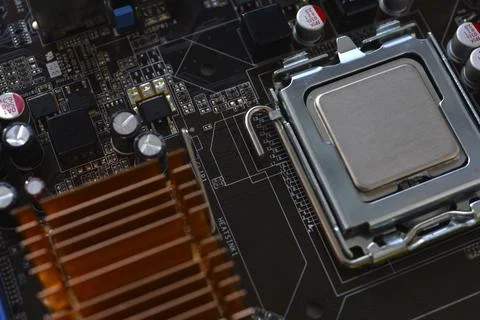 The processor of the computer on the motherboard. Electronic elements and a.. 스톡 사진