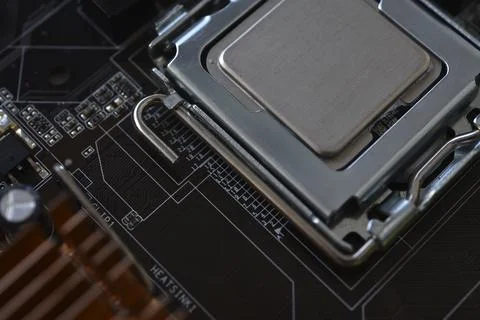 The processor of the computer on the motherboard. Electronic elements and a.. 스톡 사진