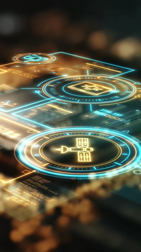 The processor controls robotic systems, infographics in 3D space. Stock Footage 326617824