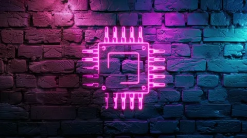 Processor, CPU Icon neon icon on brick wall background Stock Footage 276209318
