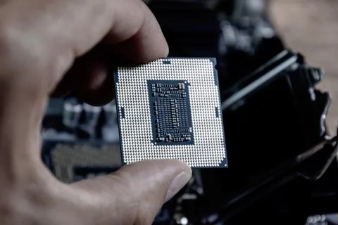 The processor is a desktop computer in hand. Inspect the CPU contacts before 写真素材
