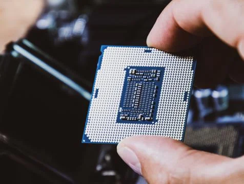 The processor is a desktop computer in hand. Inspect the CPU contacts before  Stock Photos