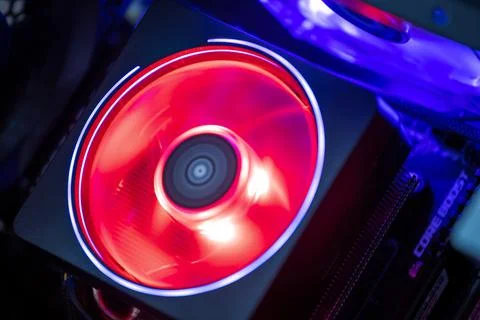 Processor fan inside computer with LED lights Stock Photos