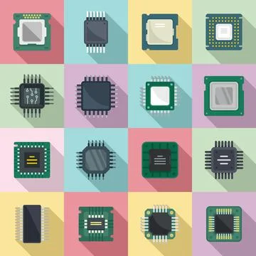 Processor icons set flat vector. Central computer card 스톡 일러스트