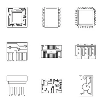 Processor icons set, outline style Illustrazione stock